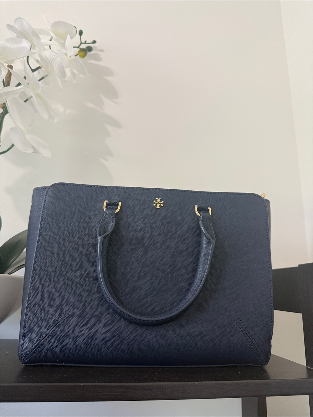 Tory Burch Navy Saffiano Satchel with Gold Hardware